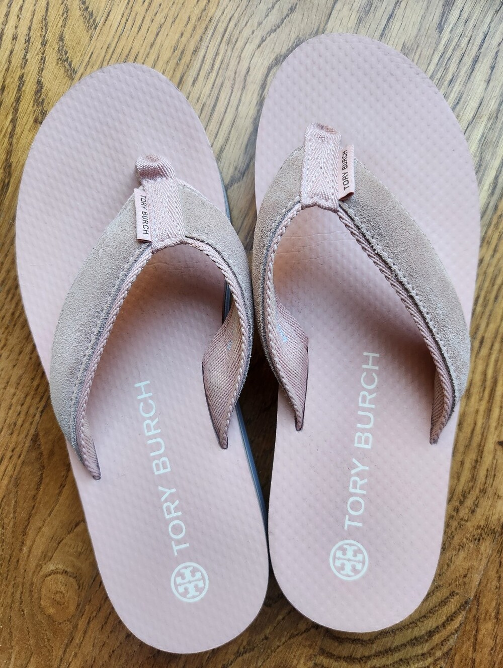 Tory Burch "70s" Blush Pink Lavender Suede/ Nylon Strap Flip Flop Sandals Size 8